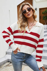 Striped Johnny Collar Dropped Shoulder Sweater