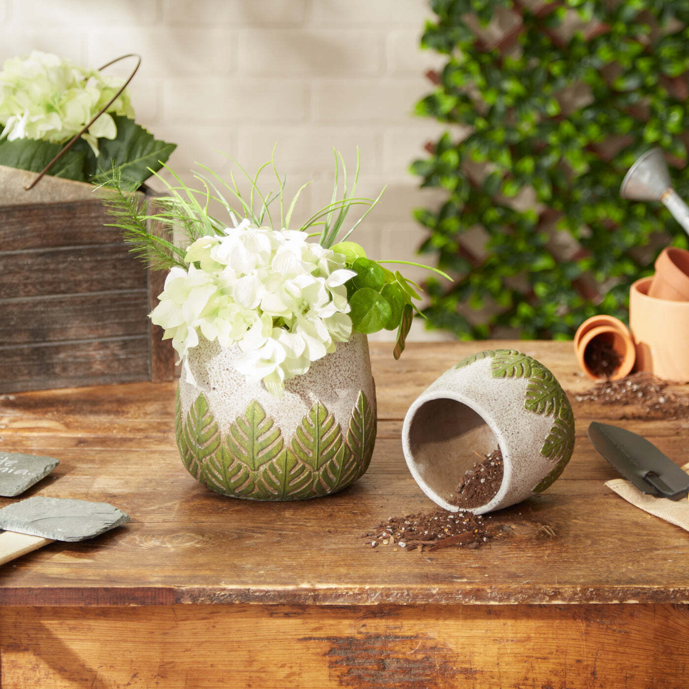 Cement Flower Pot Set - Green Leaves - Minihomy