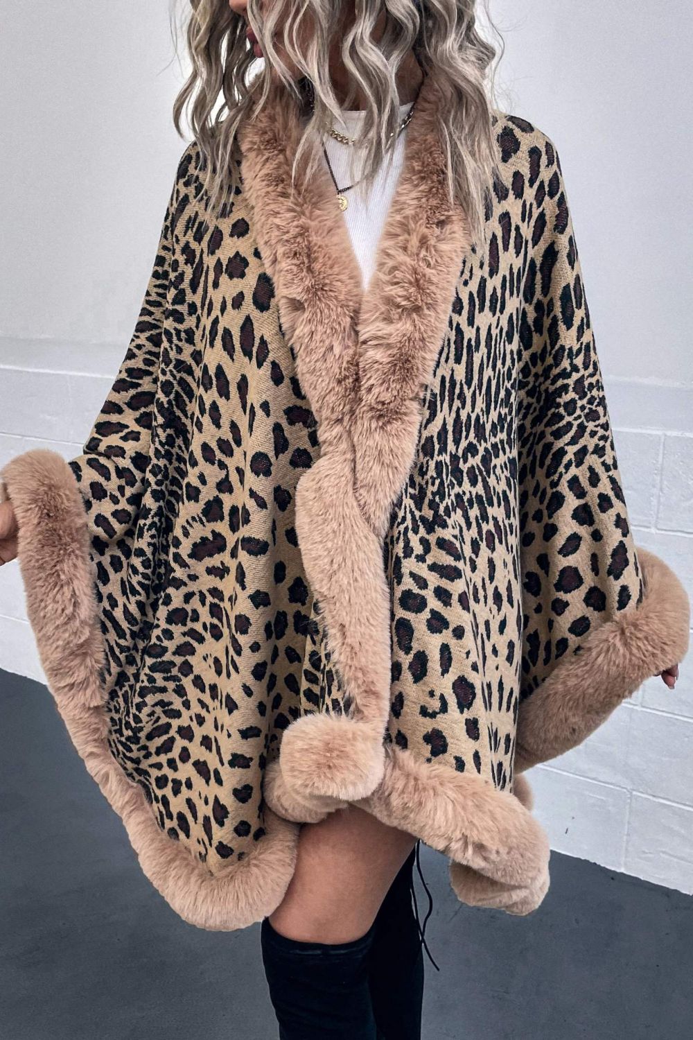 Animal Print Faux Fur Trim Poncho Jacket