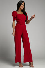 Belted Square Neck Puff Sleeve Jumpsuit - Minihomy