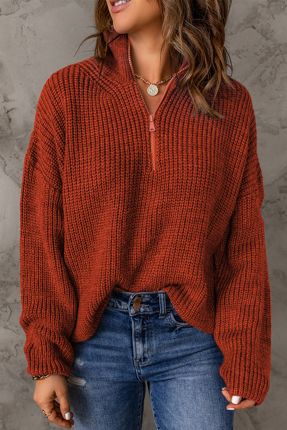 Half Zip Rib-Knit Dropped Shoulder Sweater