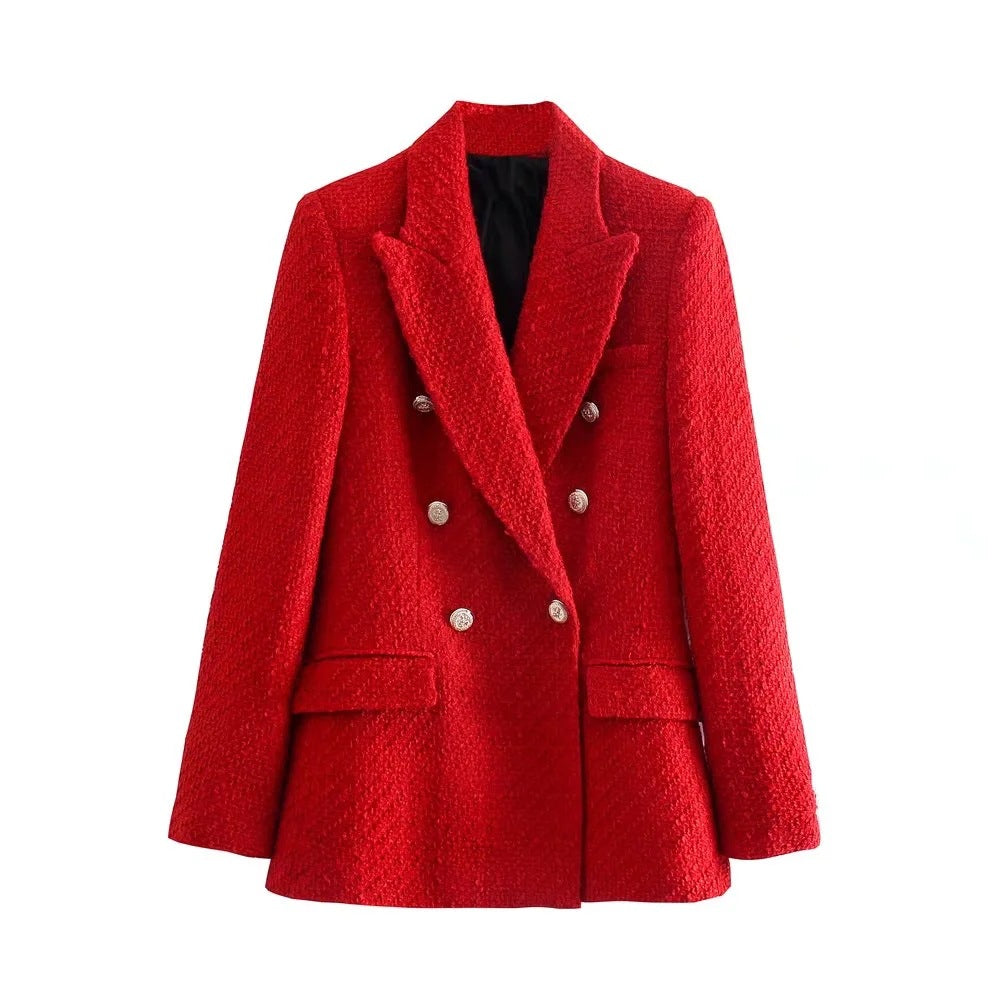 Long-Sleeve Double-Breasted Woolen Blazers Coat