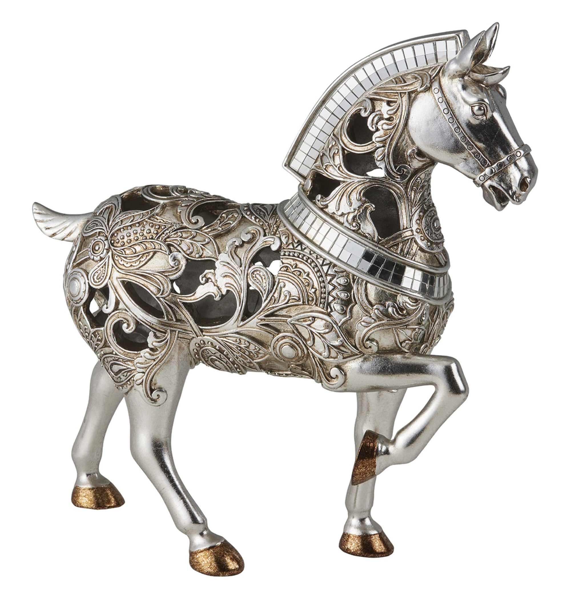 11" Silver and Gold with Mirror Polyresin Trojan Horse Statue Sculpture - Minihomy