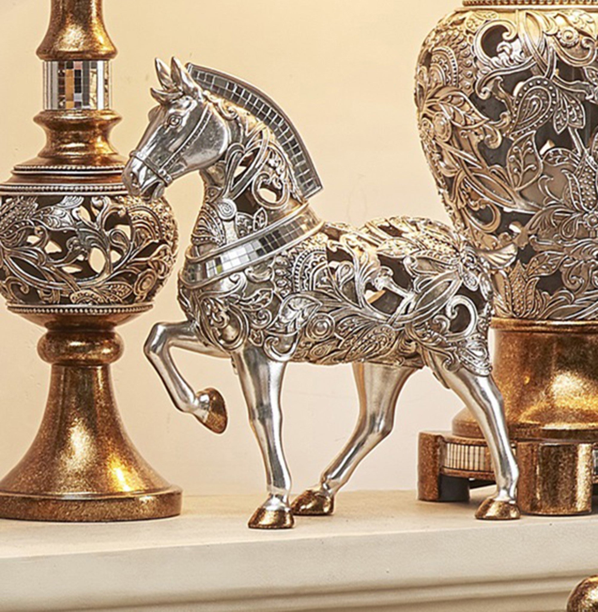 11" Silver and Gold with Mirror Polyresin Trojan Horse Statue Sculpture - Minihomy