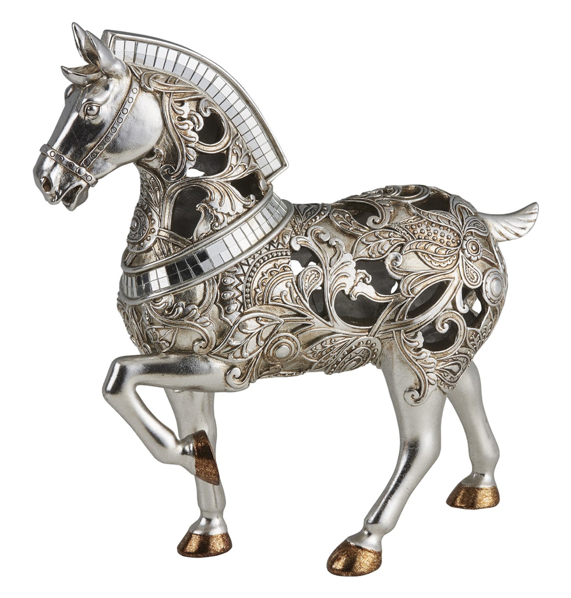 11" Silver and Gold with Mirror Polyresin Trojan Horse Statue Sculpture - Minihomy