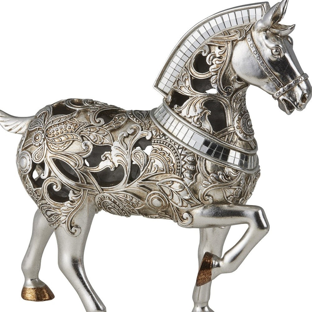 11" Silver and Gold with Mirror Polyresin Trojan Horse Statue Sculpture - Minihomy