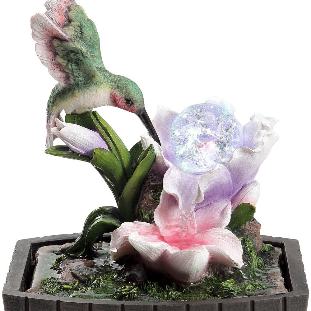 11" Pink Green And Brown Polyresin Hummingbird Tabletop Fountain - Minihomy