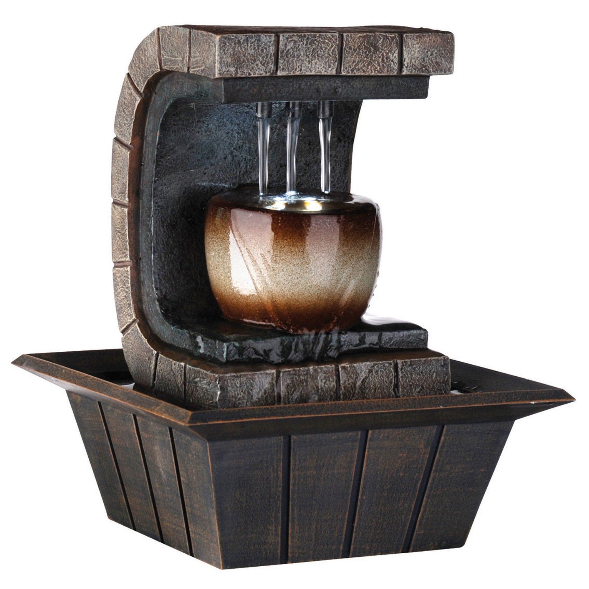 10" Brown Textured Polyresin Tabletop Fountain with LED Light - Minihomy