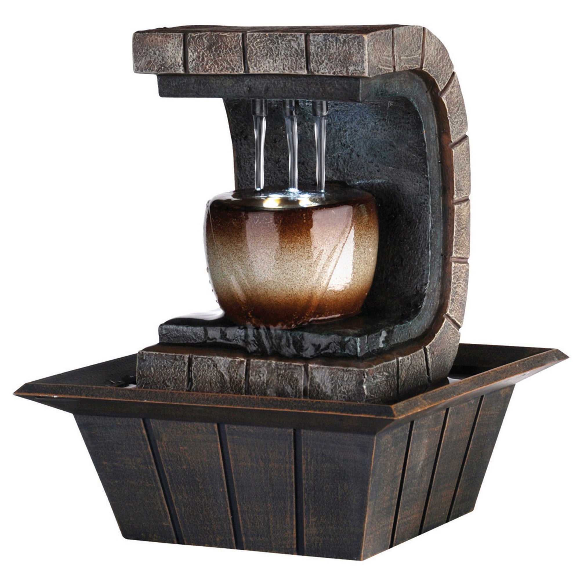 10" Brown Textured Polyresin Tabletop Fountain with LED Light - Minihomy