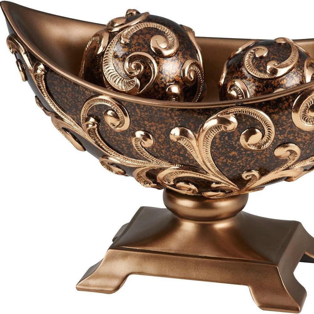 11" Brown And Gold Polyresin Decorative Bowl With Orbs - Minihomy