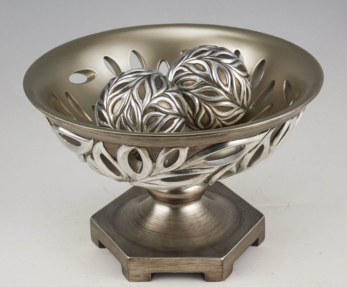 13" Brushed Silver Leaf Polyresin Decorative Pedestal Bowl with Orbs - Minihomy