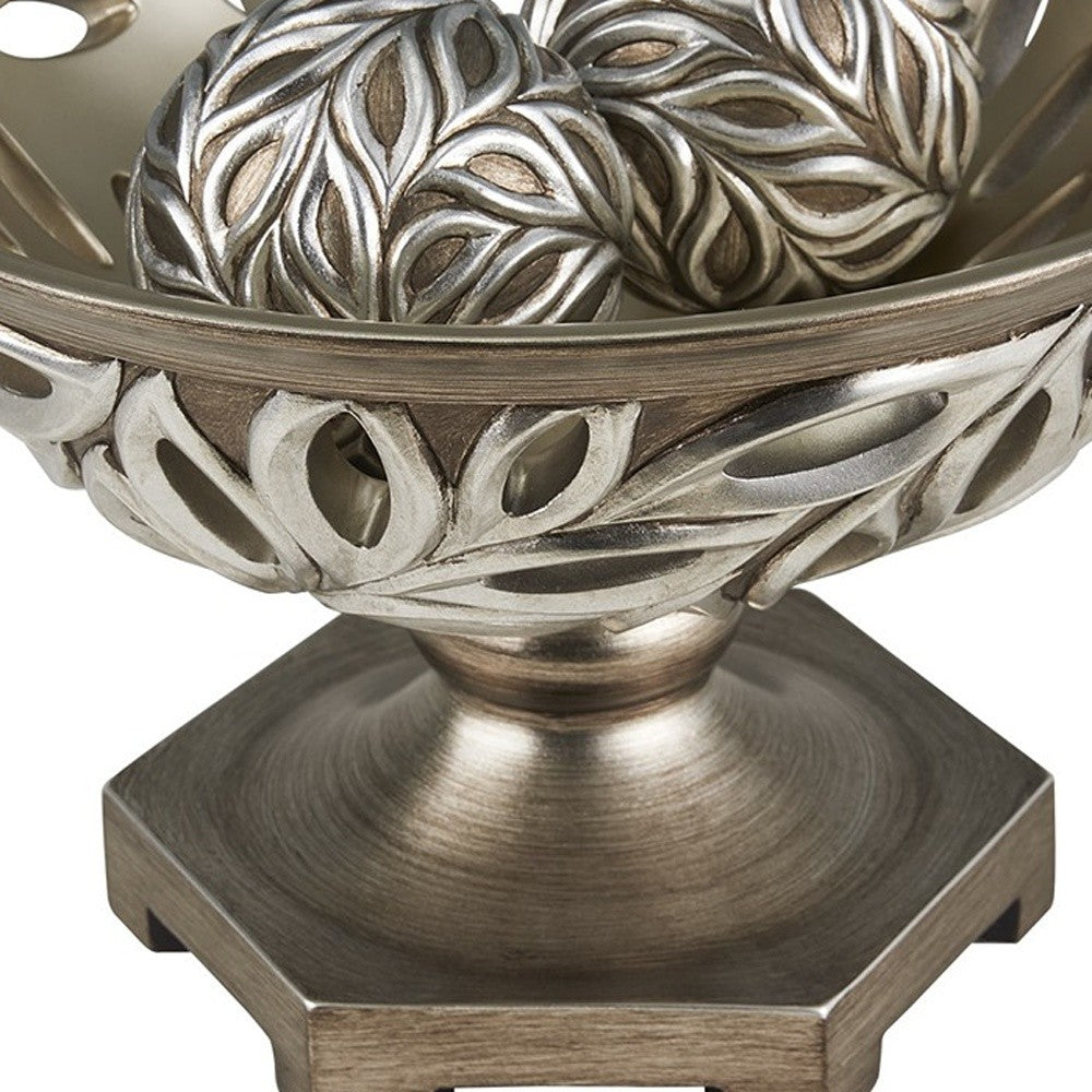 13" Brushed Silver Leaf Polyresin Decorative Pedestal Bowl with Orbs - Minihomy