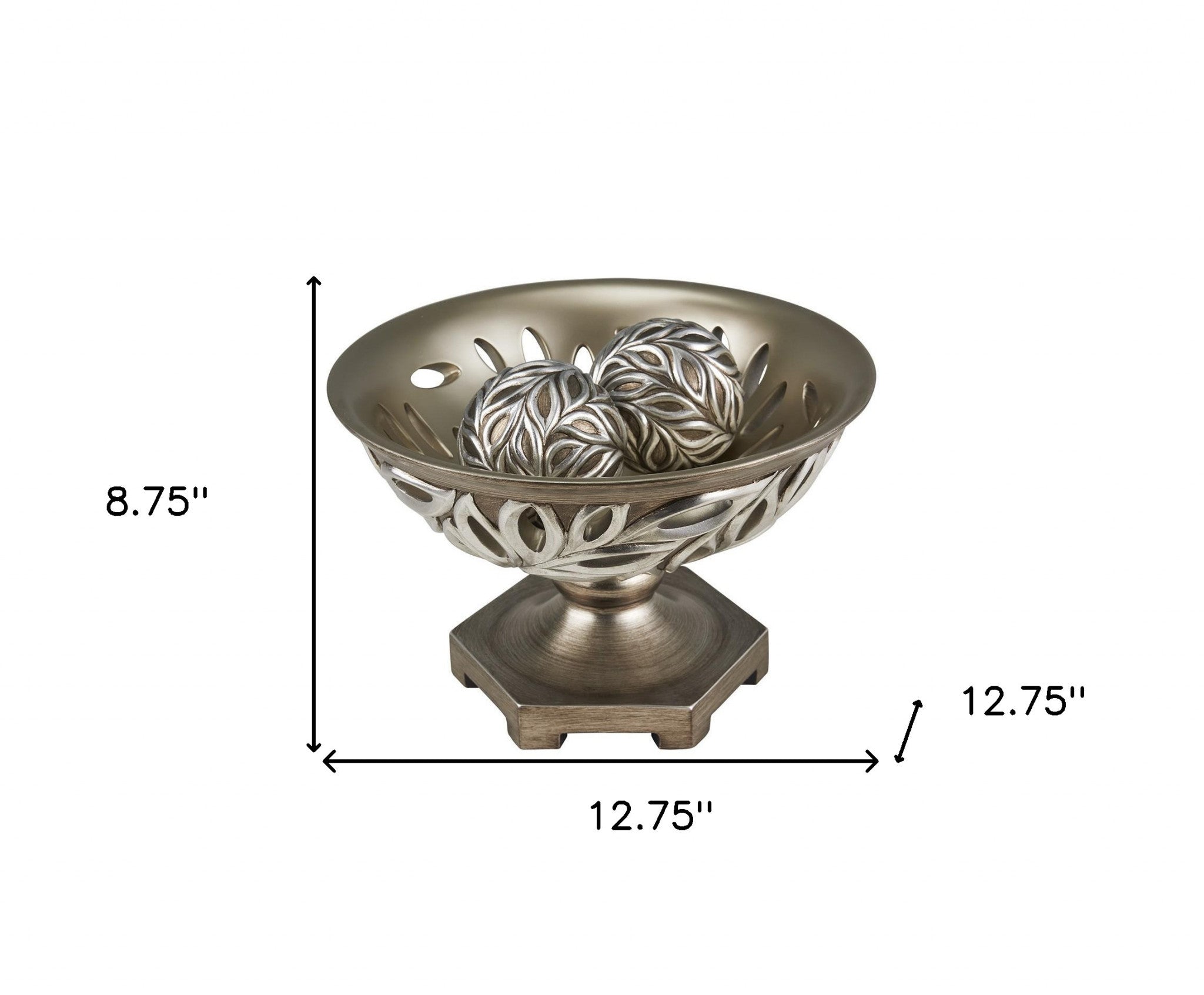 13" Brushed Silver Leaf Polyresin Decorative Pedestal Bowl with Orbs - Minihomy