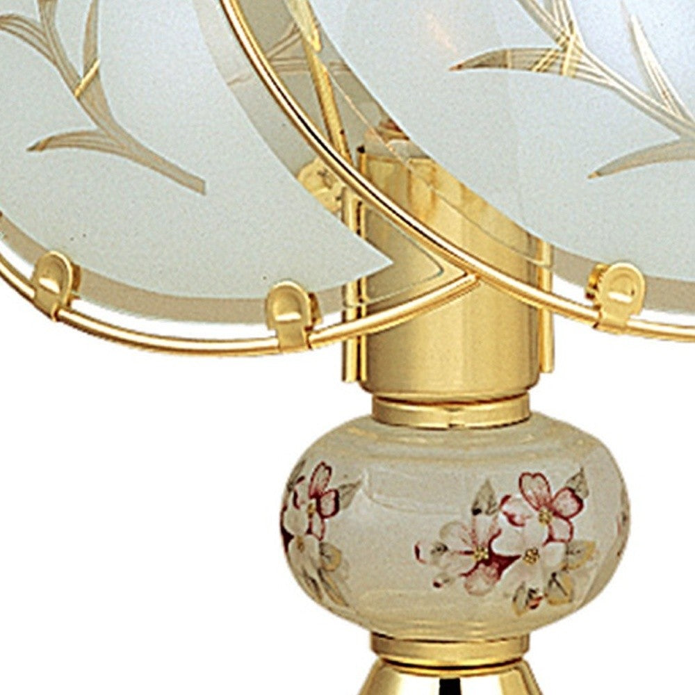 14" Gold Bedside Table Lamp With White Flowers Novelty Shade - Minihomy