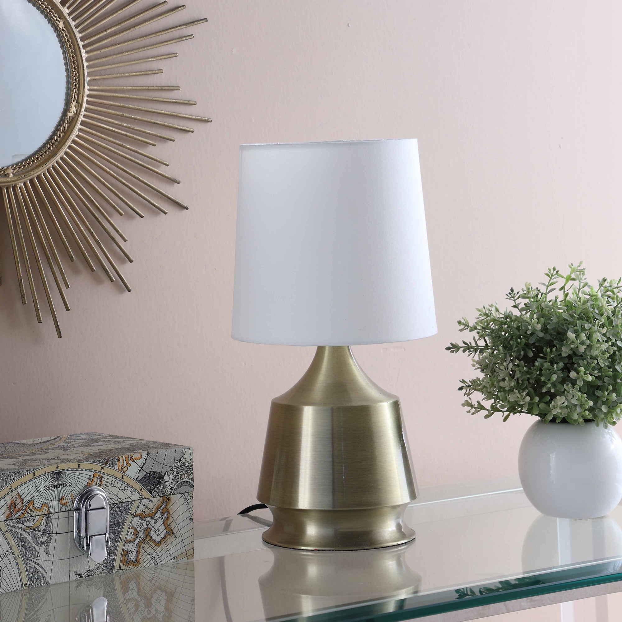 14" Brass Bedside Table Lamp With White Empire Shade - Minihomy