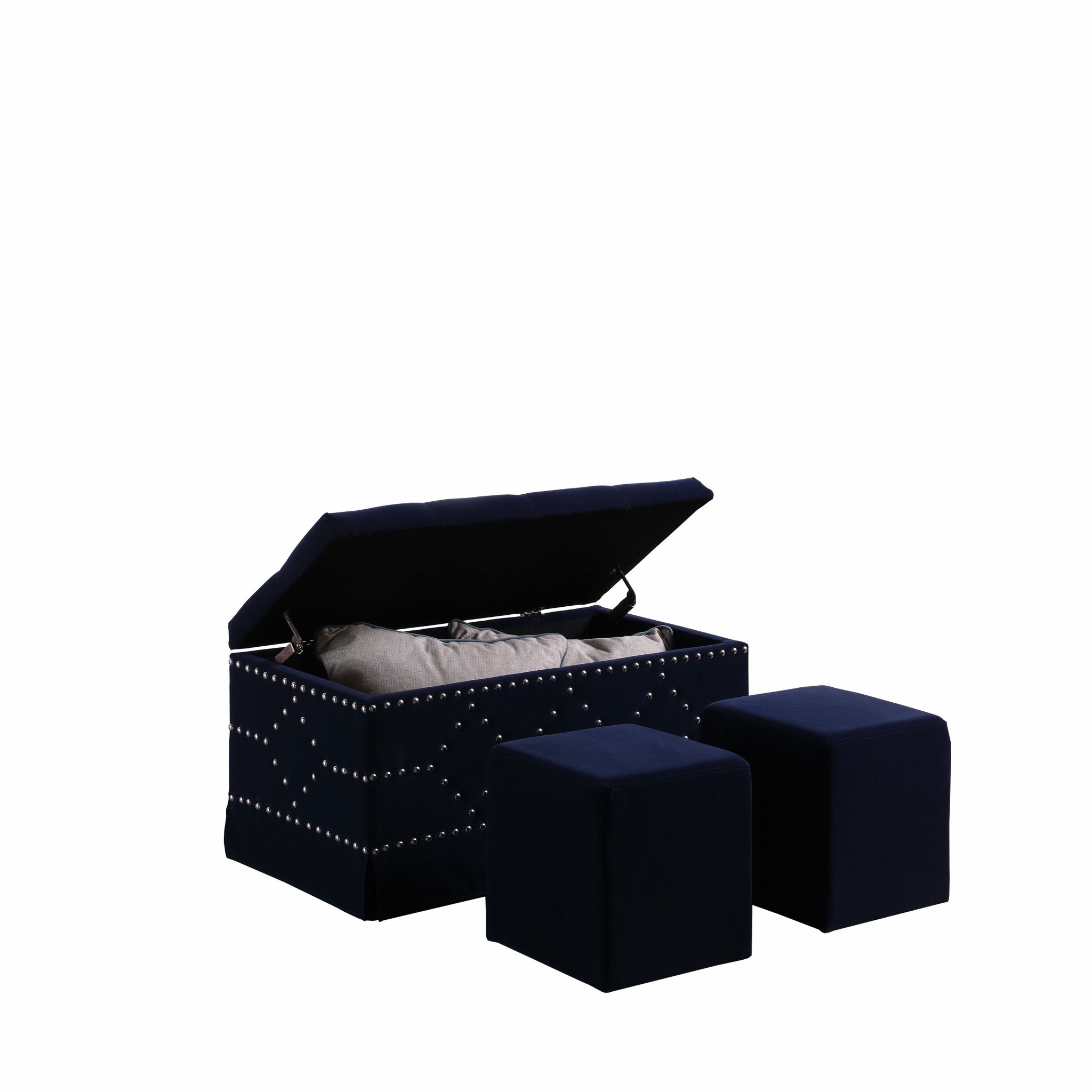 Deep Blue Velvet Nailhead Storage Bench with Ottomans - Minihomy