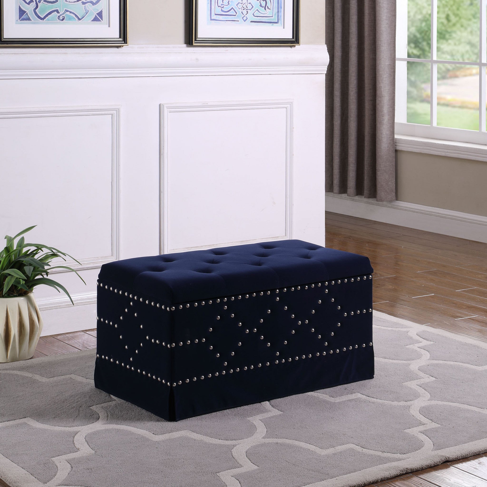 Deep Blue Velvet Nailhead Storage Bench with Ottomans - Minihomy