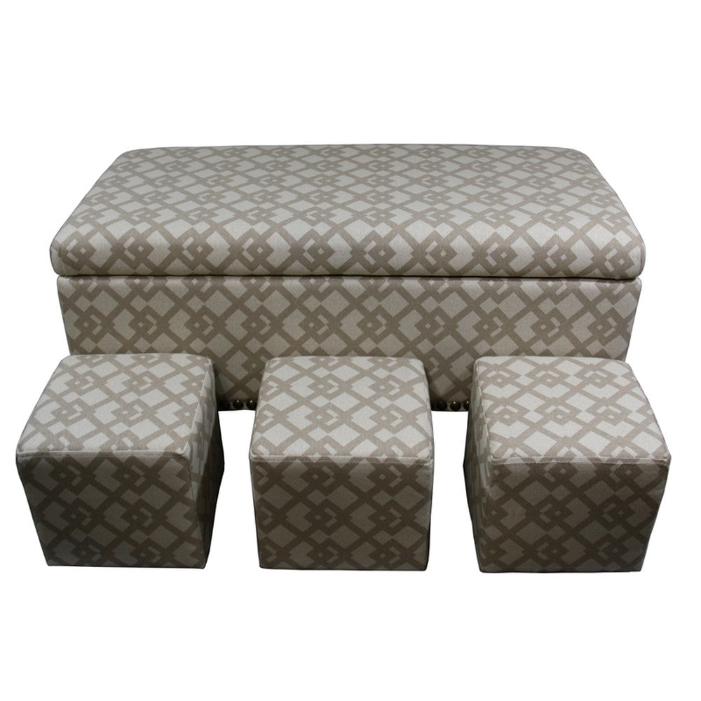 Taupe Geometric Storage Bench with Ottomans Four Piece Set