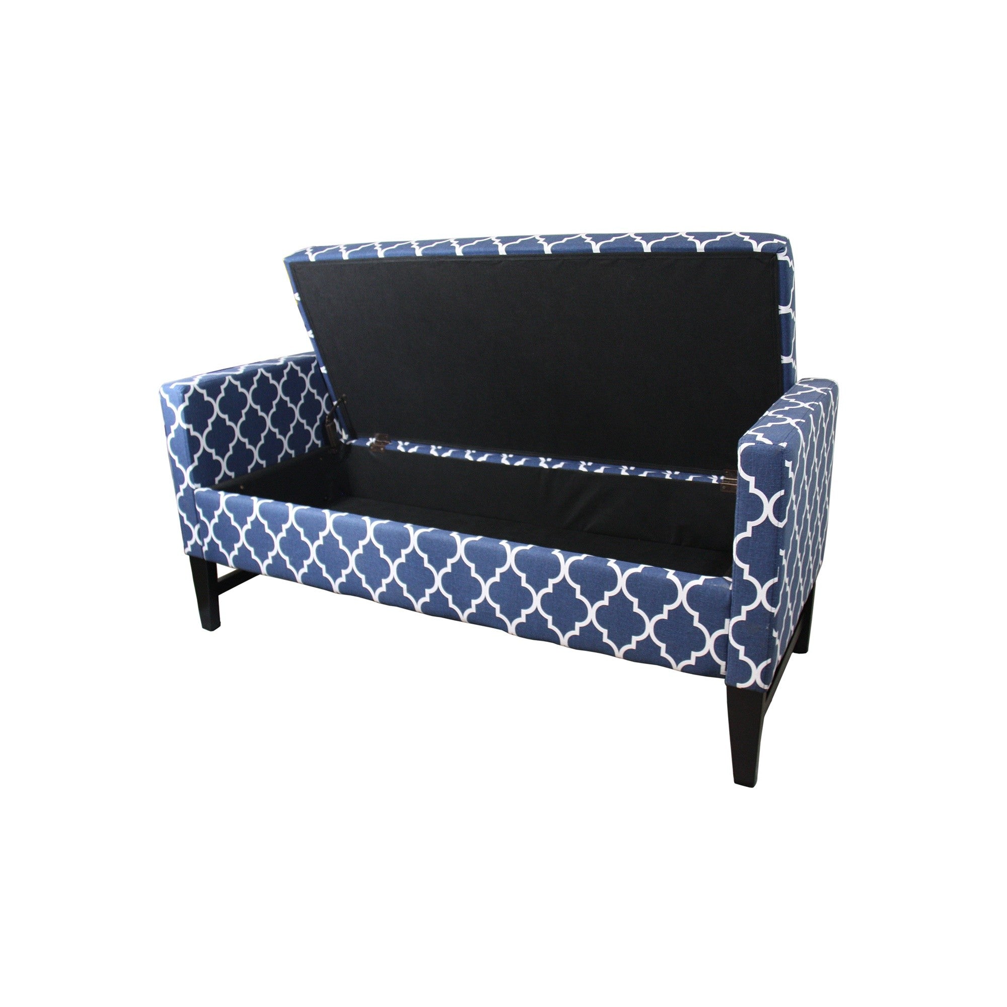 Blue and White Quatrefoil Dark Wood Storage Bench - Minihomy