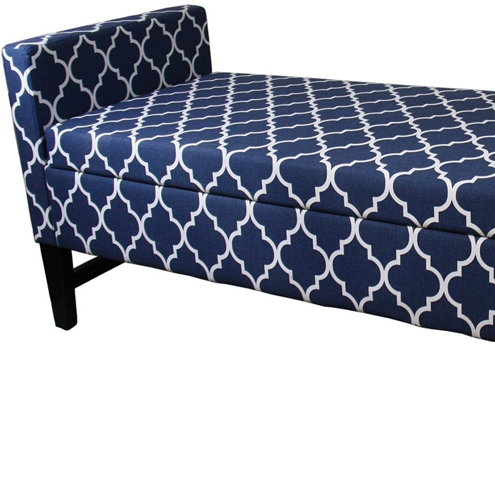 Blue and White Quatrefoil Dark Wood Storage Bench - Minihomy