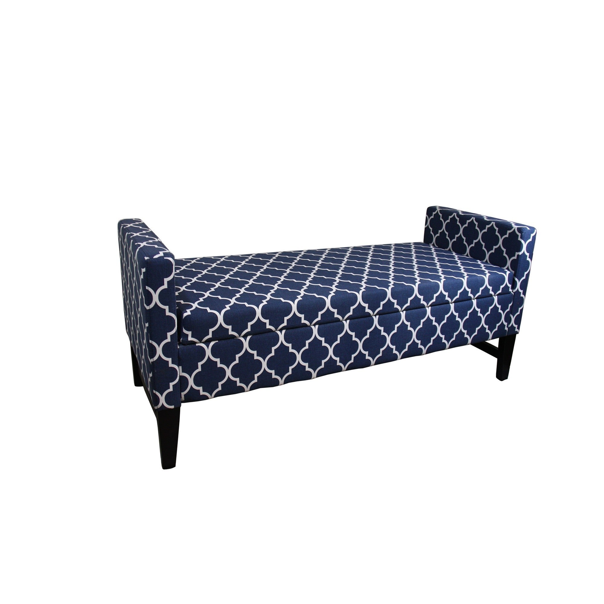 Blue and White Quatrefoil Dark Wood Storage Bench - Minihomy