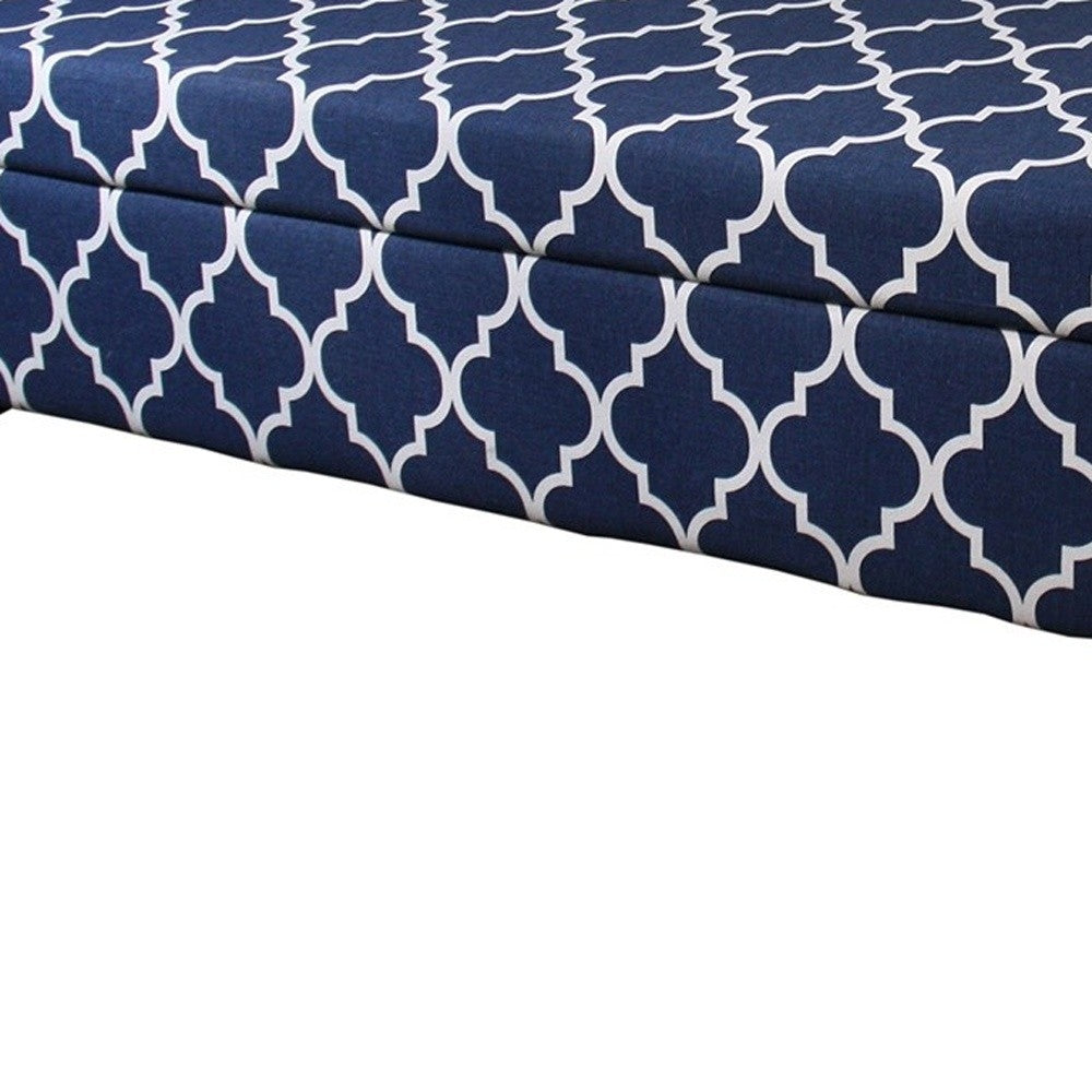 Blue and White Quatrefoil Dark Wood Storage Bench - Minihomy