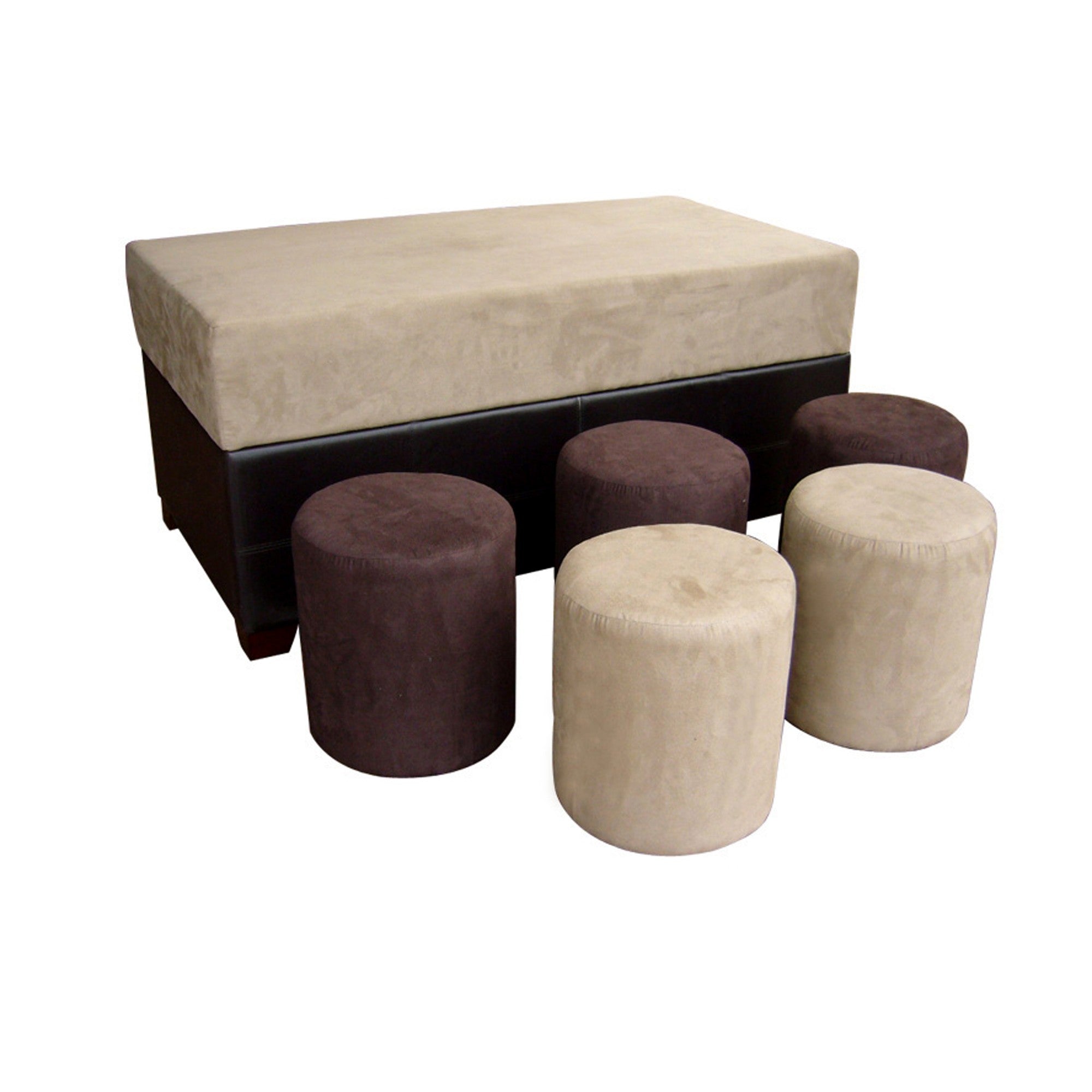 Brown Six Piece Microfiber Storage Bench with Ottomans - Minihomy