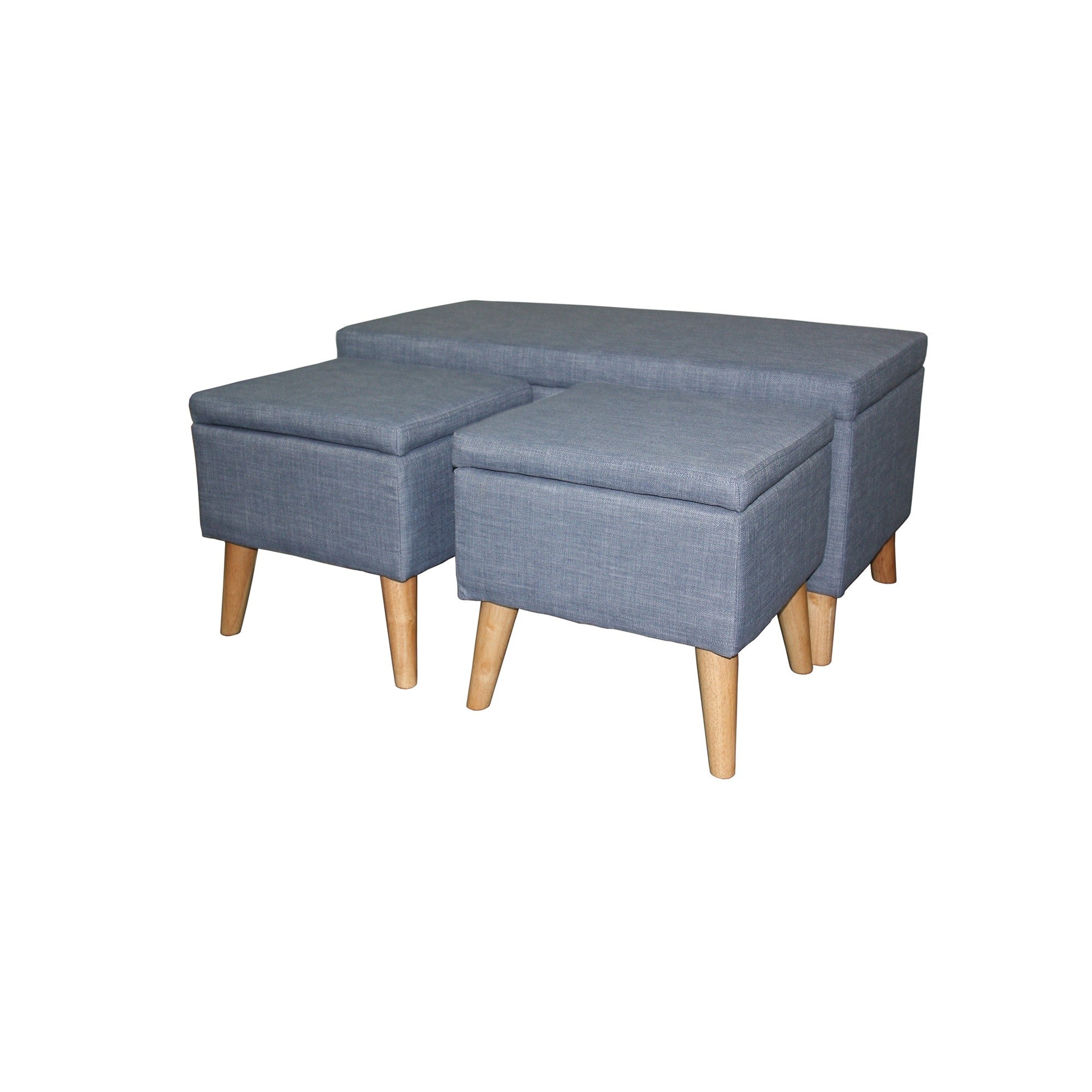 Blue Linen Look Storage Bench and Ottoman Three Piece Set - Minihomy