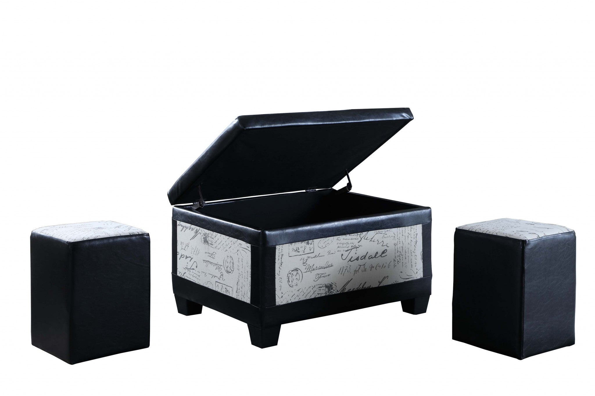 Black Postcard Faux Leather Storage Bench and Two Ottomans - Minihomy