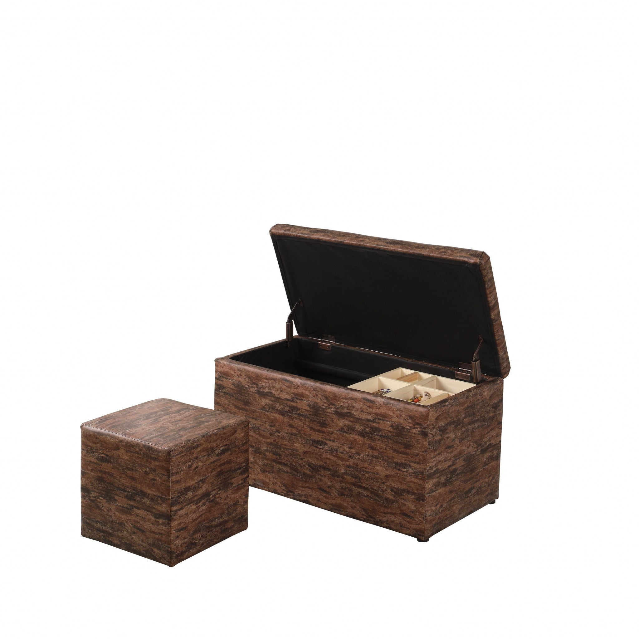 Dark Brown Wood Grain Faux Leather Storage Bench and Ottoman - Minihomy