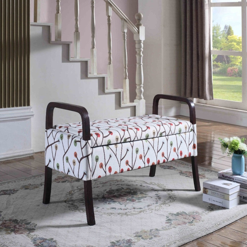 17" Dark Brown And Blue Upholstered 100% Polyester Floral Entryway Bench With Flip Top - Minihomy