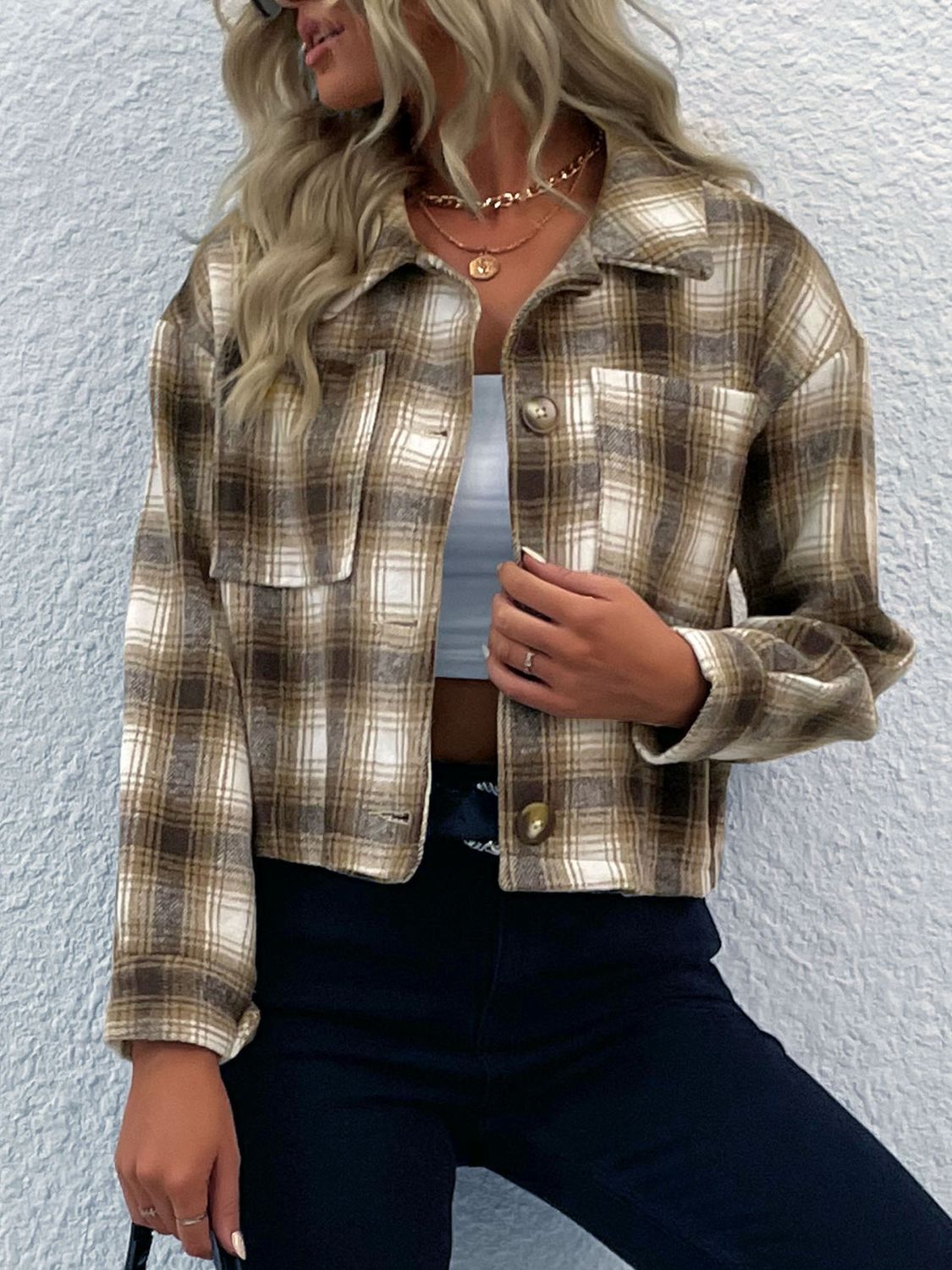 Plaid Button-Up Dropped Shoulder Shacket - Minihomy