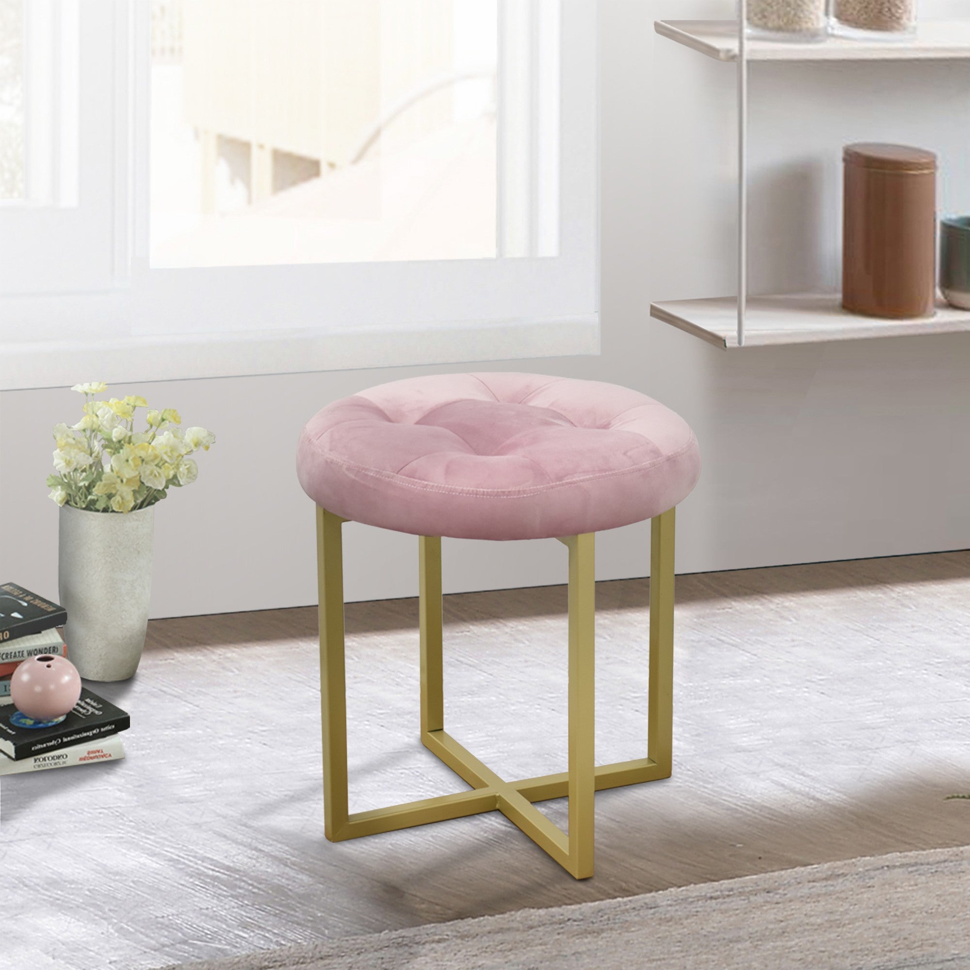 17" Pink Tufted Velvet and Gold Stool - Minihomy