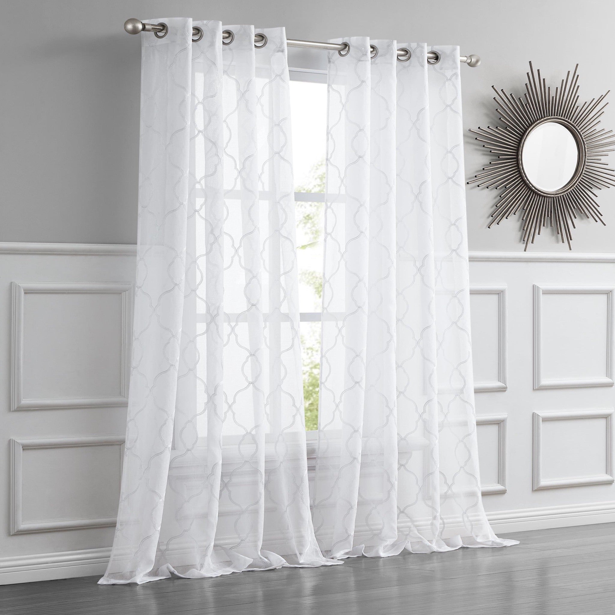 84” White Trellis Pattern Embroidered Window Curtain Panel - Minihomy