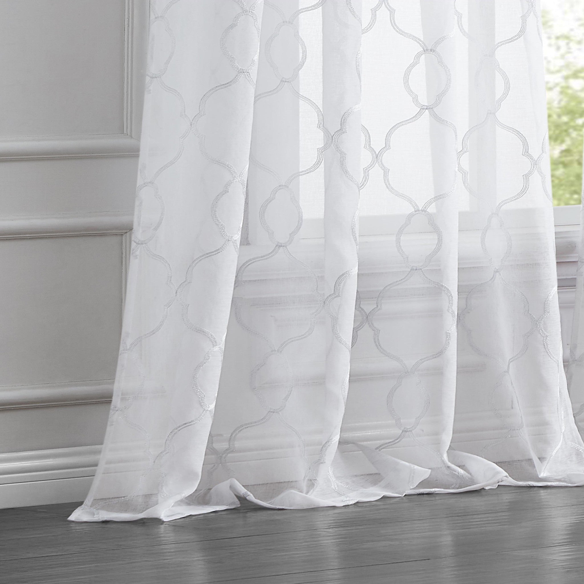 84” White Trellis Pattern Embroidered Window Curtain Panel - Minihomy