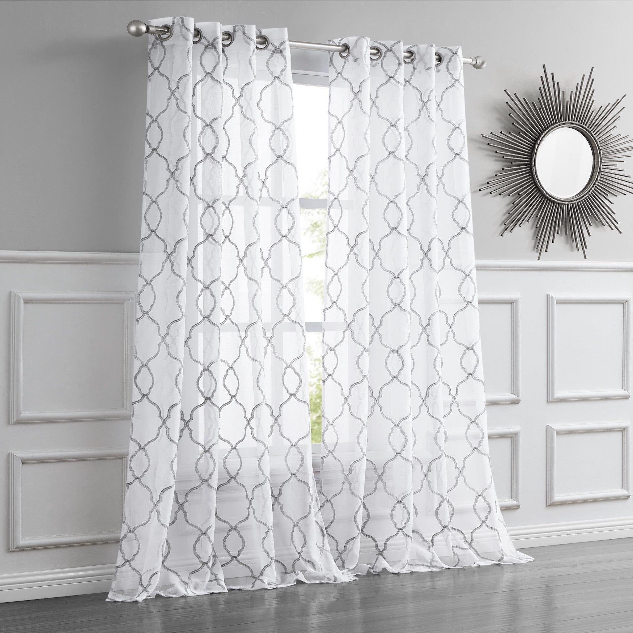 84” Silver Trellis Pattern Embroidered Window Curtain Panel - Minihomy