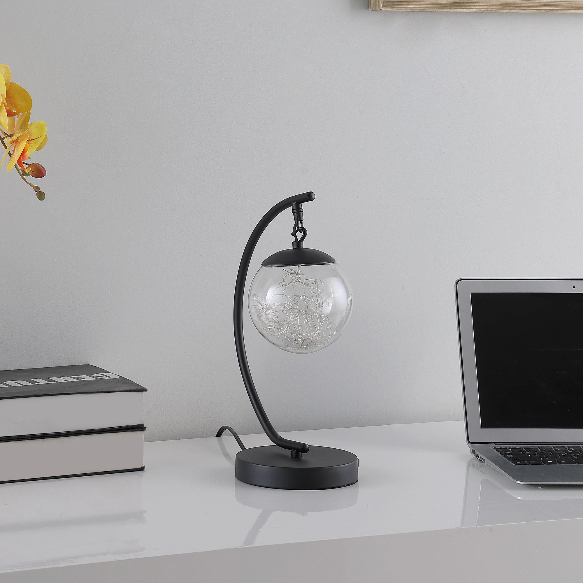 14" Matte Black Metal Arched Hanging Orb USB Table Lamp - Minihomy