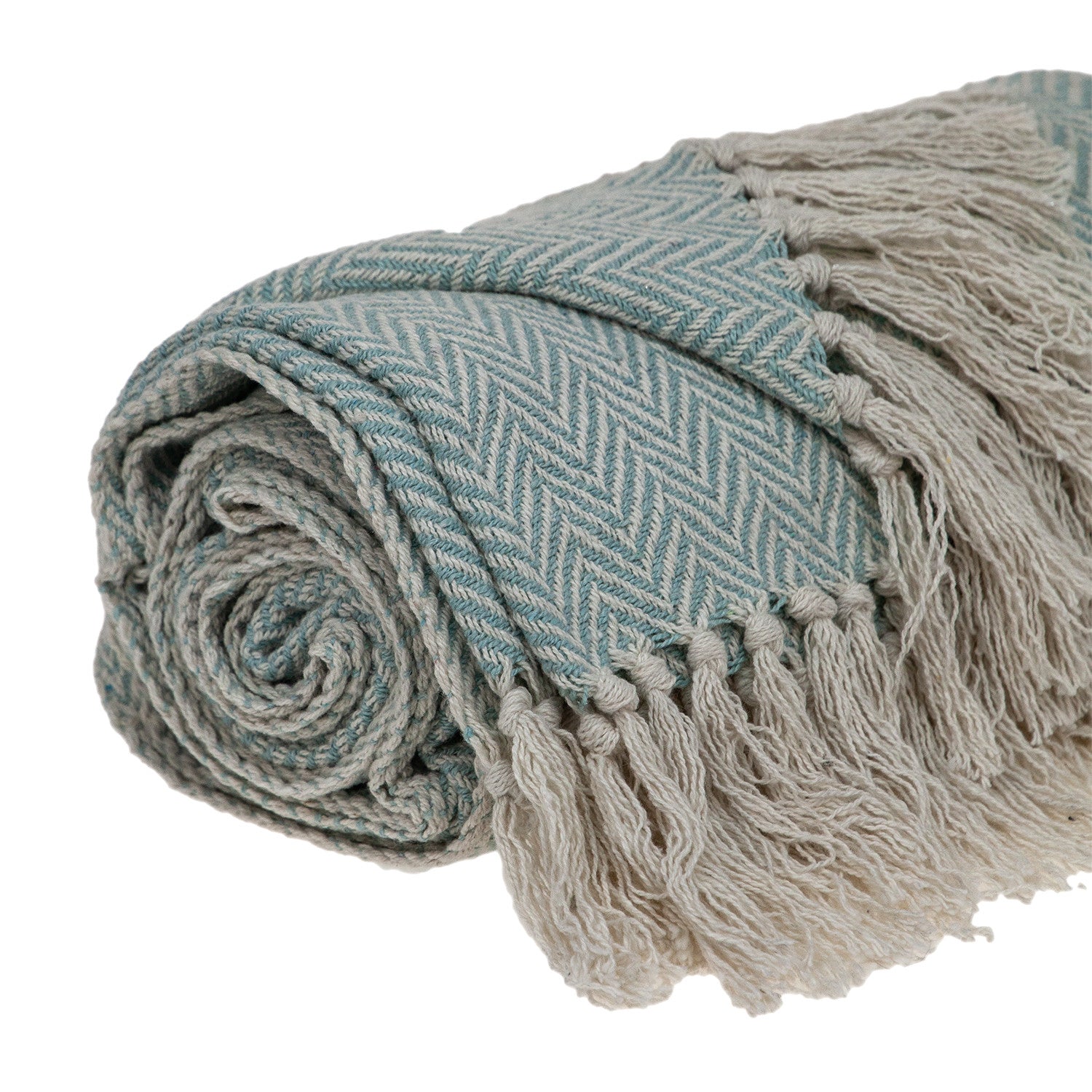 Handloomed Pale Aqua Cotton Throw Blanket with Tassels - Minihomy