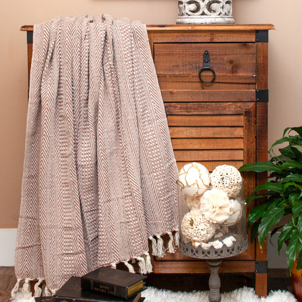 Brown and Beige Woven Herringbone Handloomed Throw - Minihomy