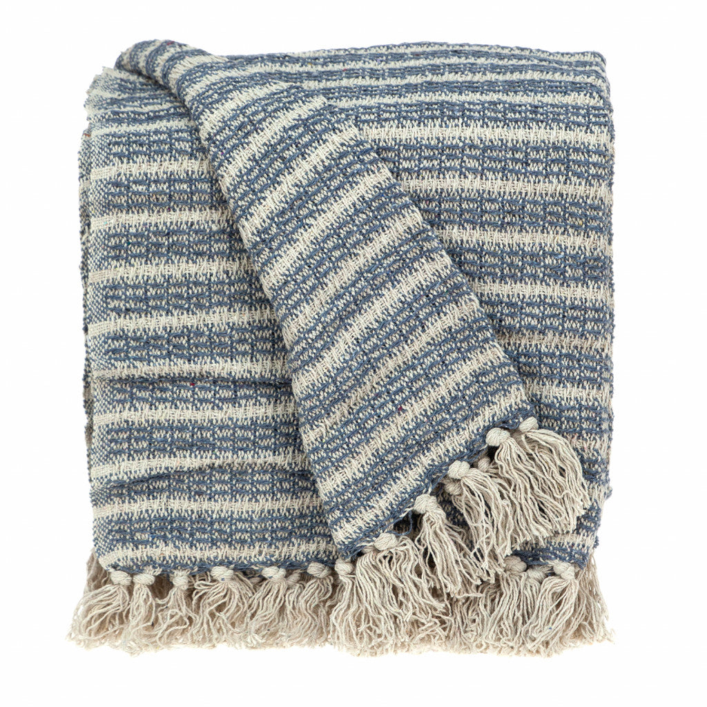 Blue Gray and Beige Cotton Handloom Throw Blanket - Minihomy