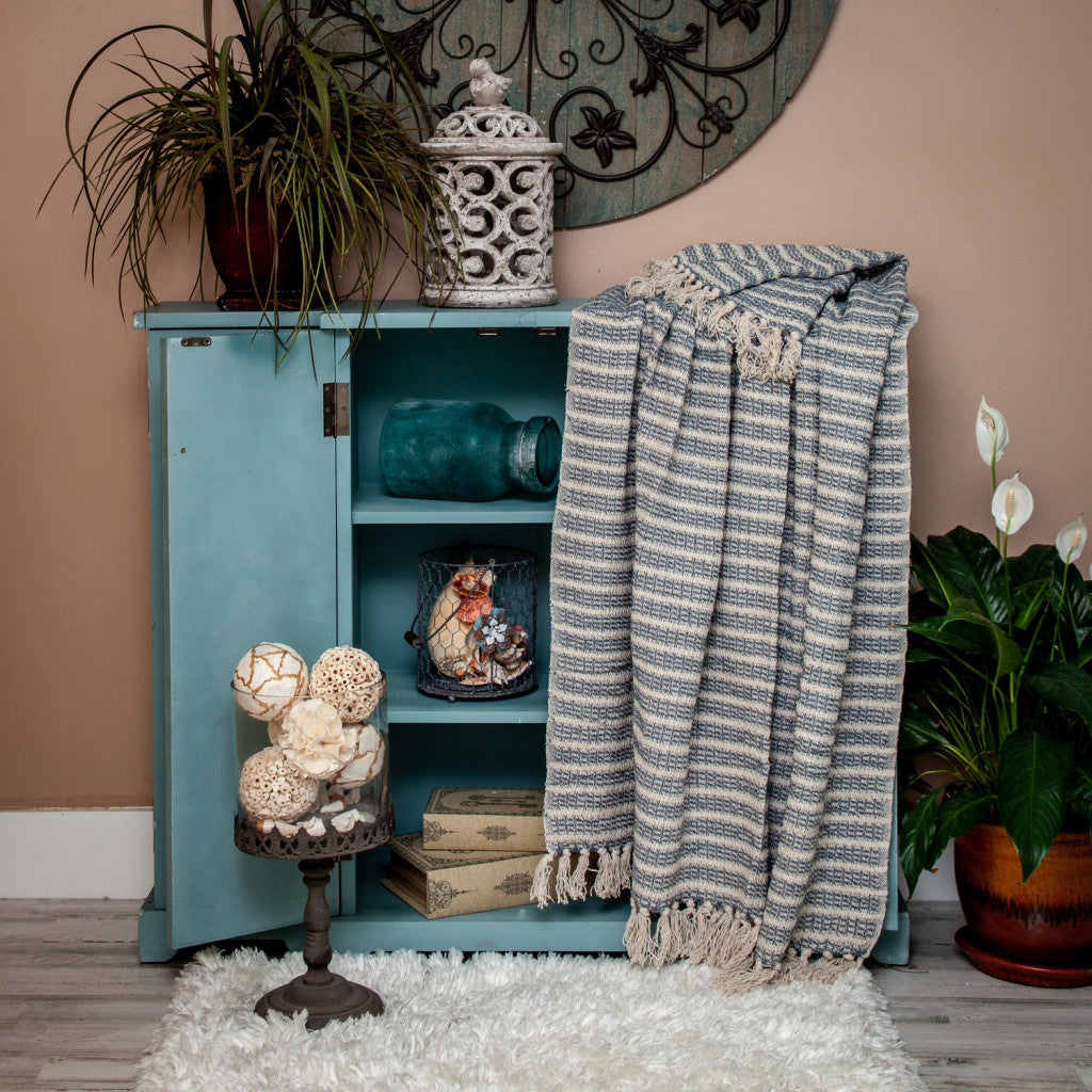 Blue Gray and Beige Cotton Handloom Throw Blanket - Minihomy