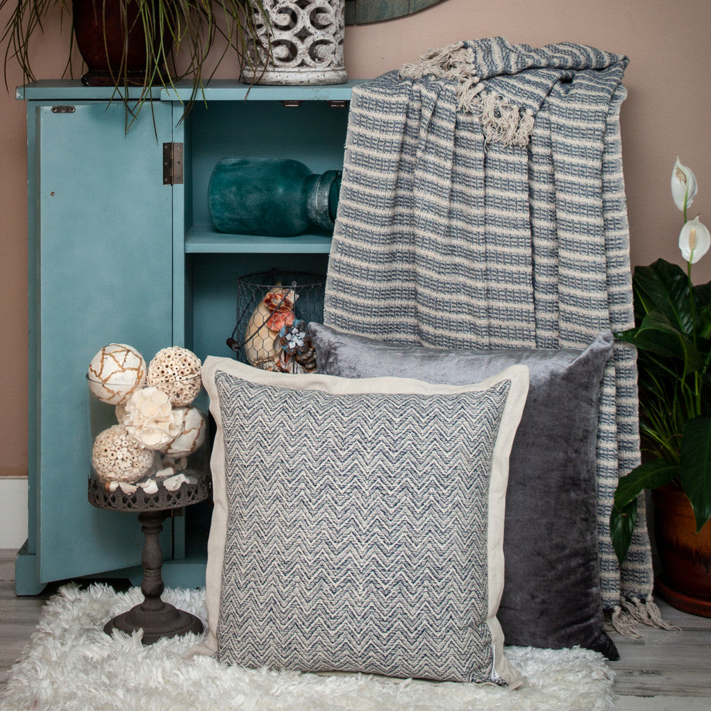 Blue Gray and Beige Cotton Handloom Throw Blanket - Minihomy