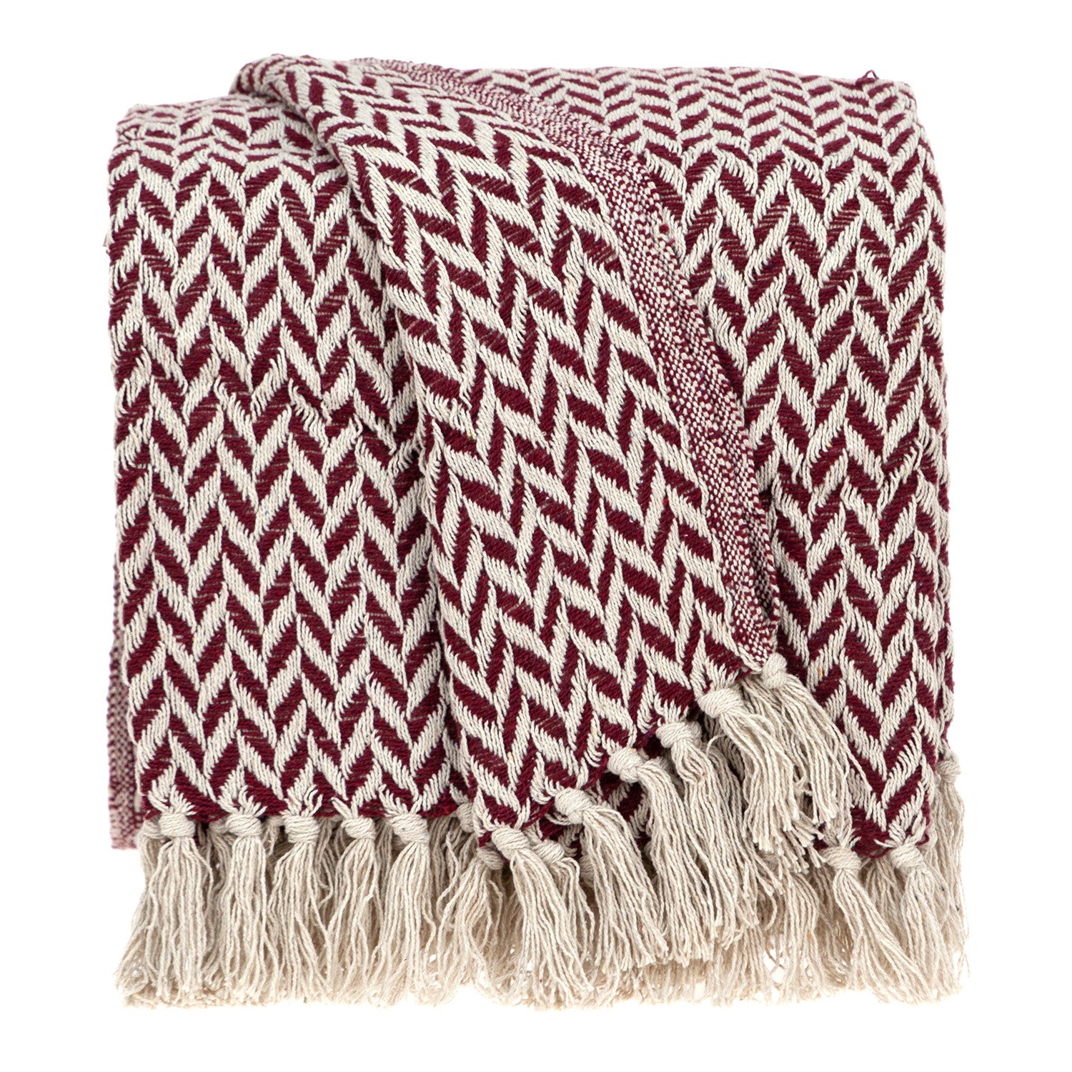 Burgundy Handloom Herringbone Weave with Tassels - Minihomy