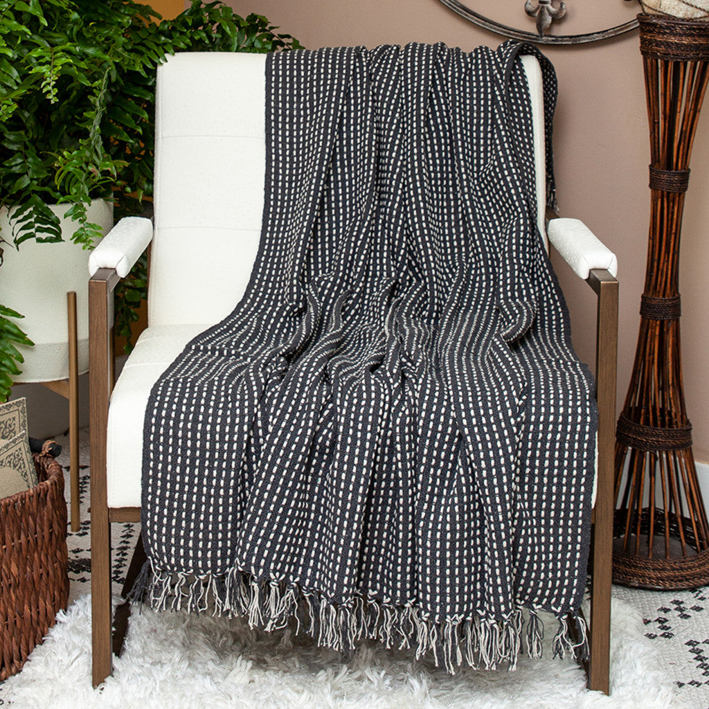 Black and White Handloom Woven Throw Blanket - Minihomy