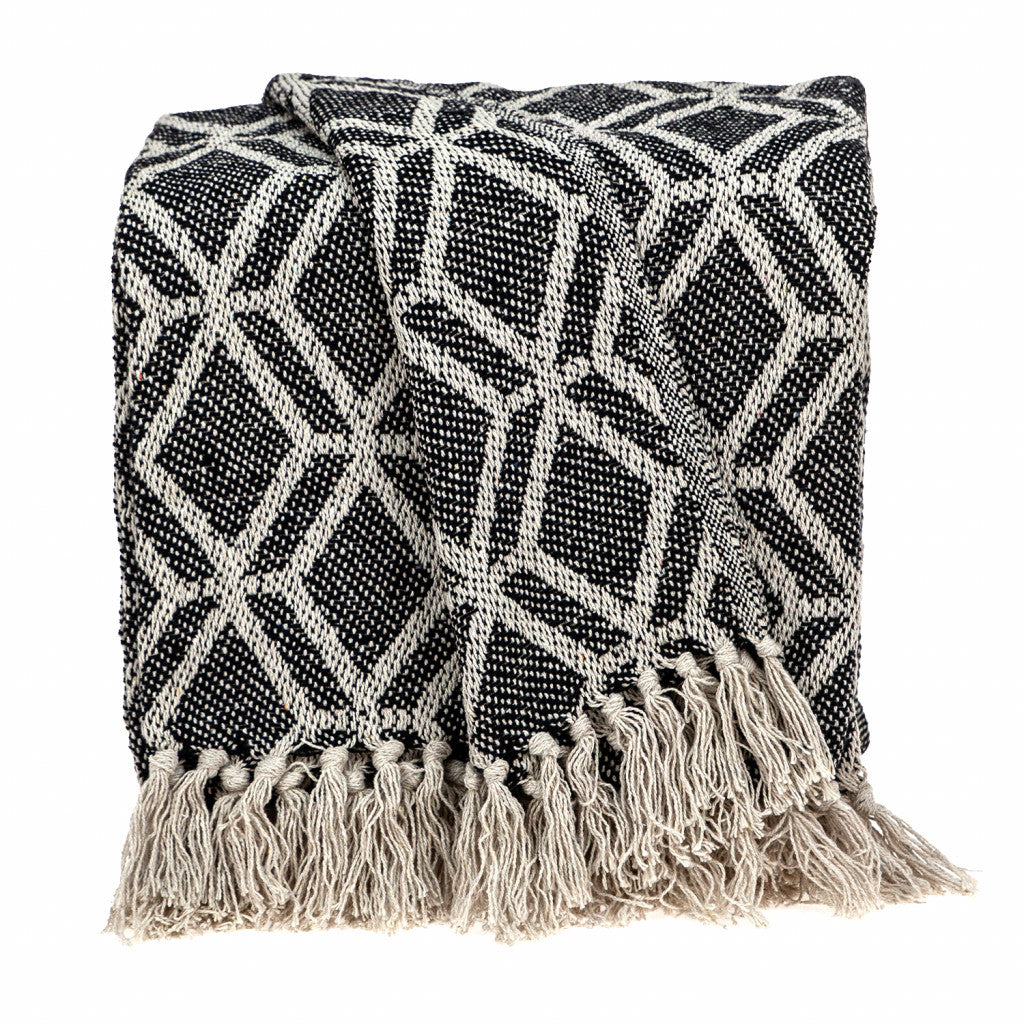 Grey and Beige Handloom Geometric Woven Throw Blanket - Minihomy