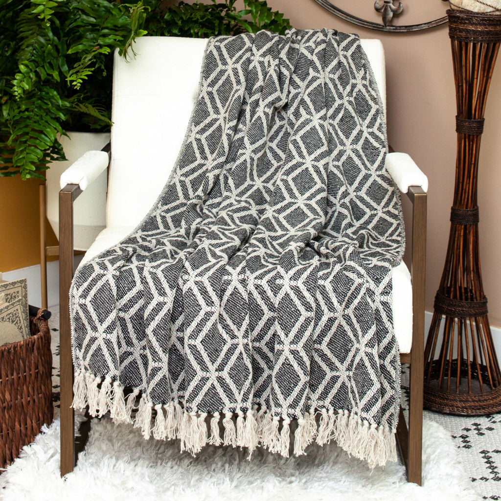 Grey and Beige Handloom Geometric Woven Throw Blanket - Minihomy