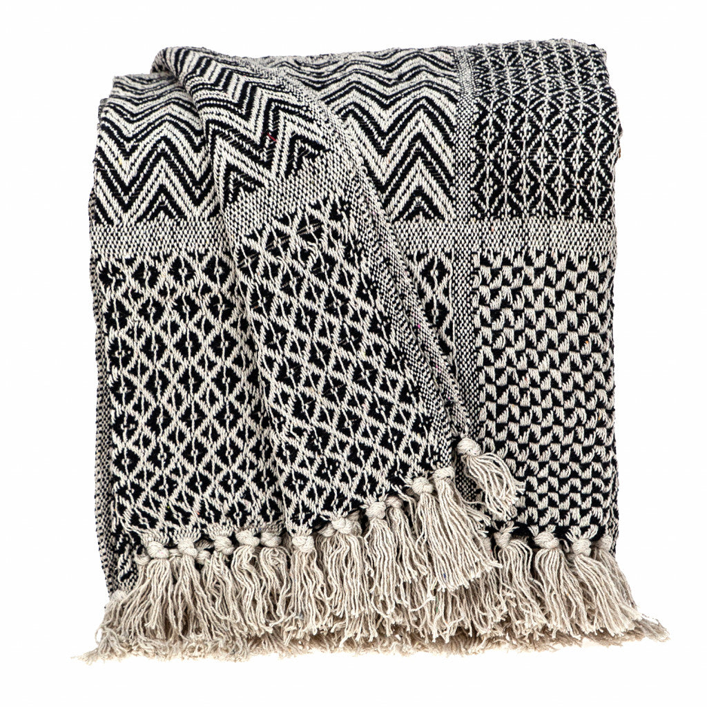 Beige and Black Multi Pattern Woven Handloom Throw Blanket - Minihomy