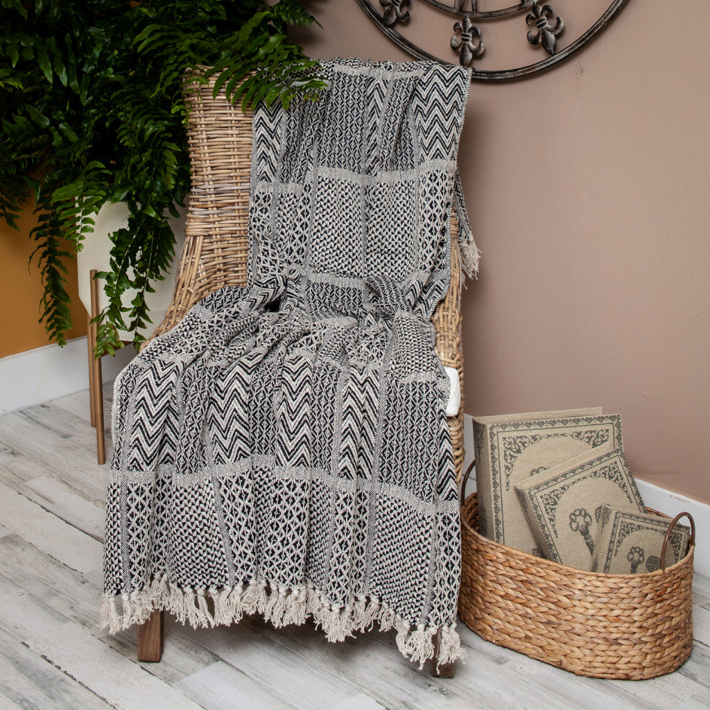 Beige and Black Multi Pattern Woven Handloom Throw Blanket - Minihomy