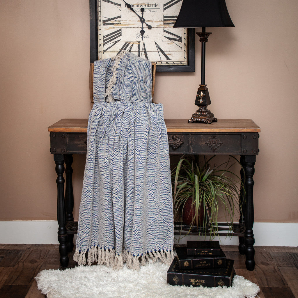 Blue and Beige Woven Handloom Throw with Tassels - Minihomy