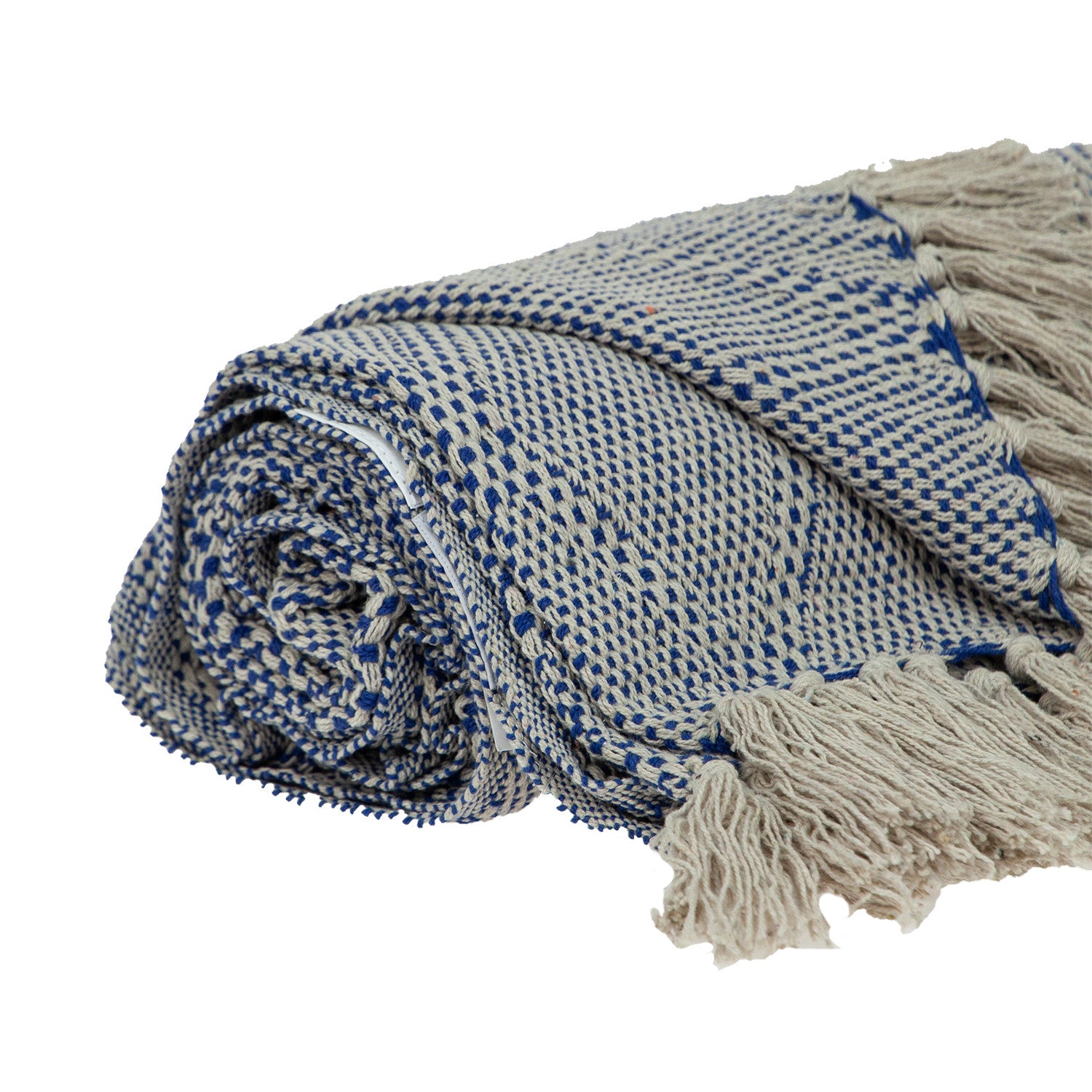 Blue and Beige Woven Handloom Throw with Tassels - Minihomy